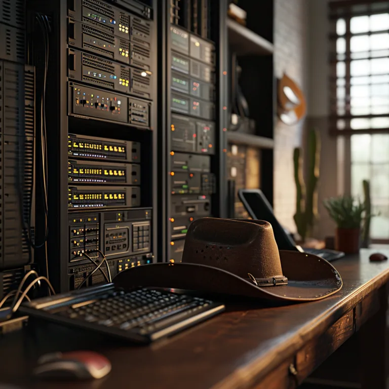 Cowboy hat on a desk next to a keyboard and server rack.