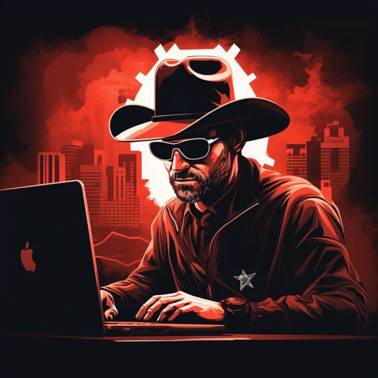 Law man wearing cowboy hat at a laptop.